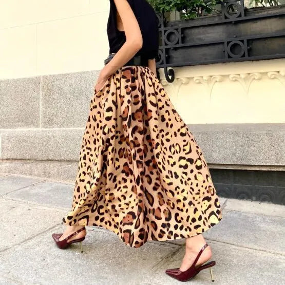 Women's brown leopard print A-line long skirt with big hem design