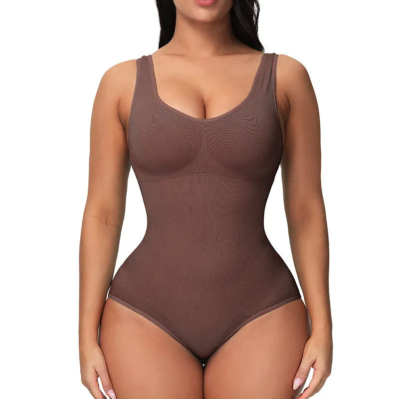 Seamless women's shapewear bodysuit in thin nylon fabric showing waist support and hip lift design.