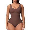 Seamless women's shapewear bodysuit in thin nylon fabric showing waist support and hip lift design.