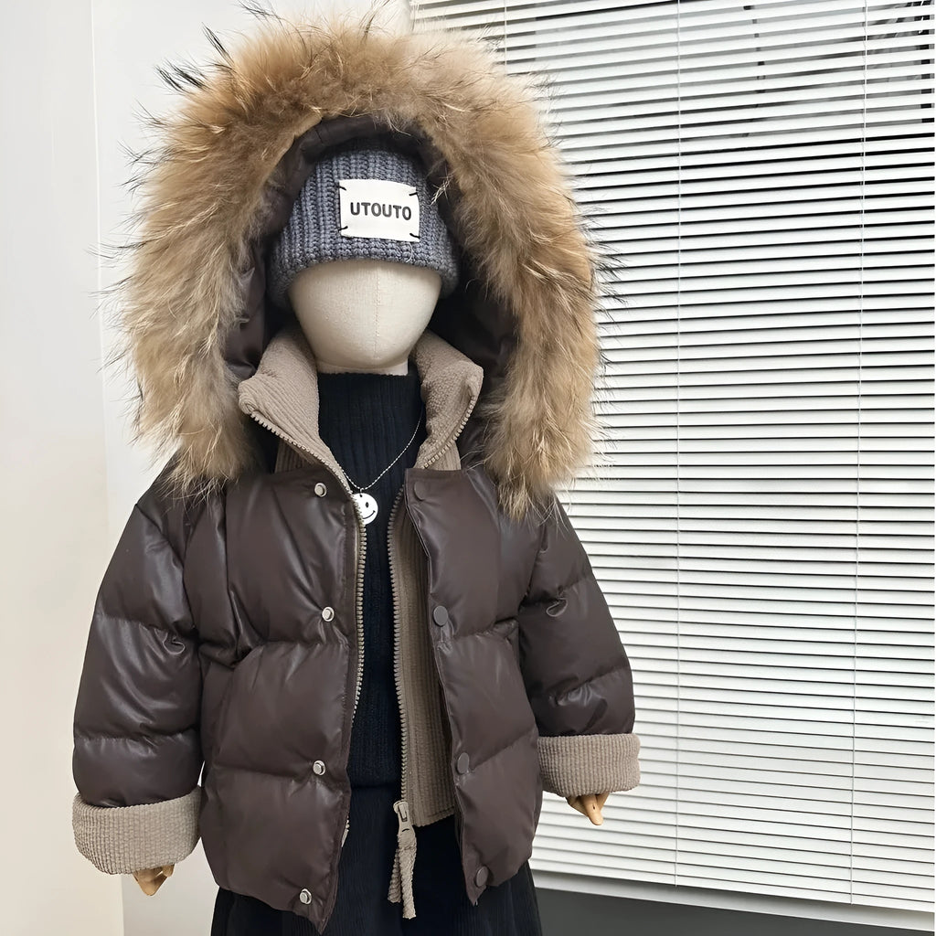 Children's winter down cotton jacket fake two-piece in solid coffee brown colour, thickened polyester fibre padding, suitable for heights 110-160cm