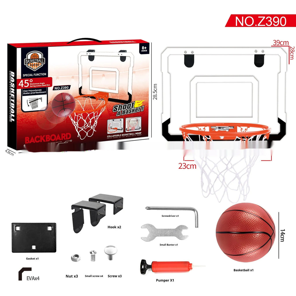 Red and blue folding basketball frame with scoring panel, suction cups, and a 16cm ball on a door