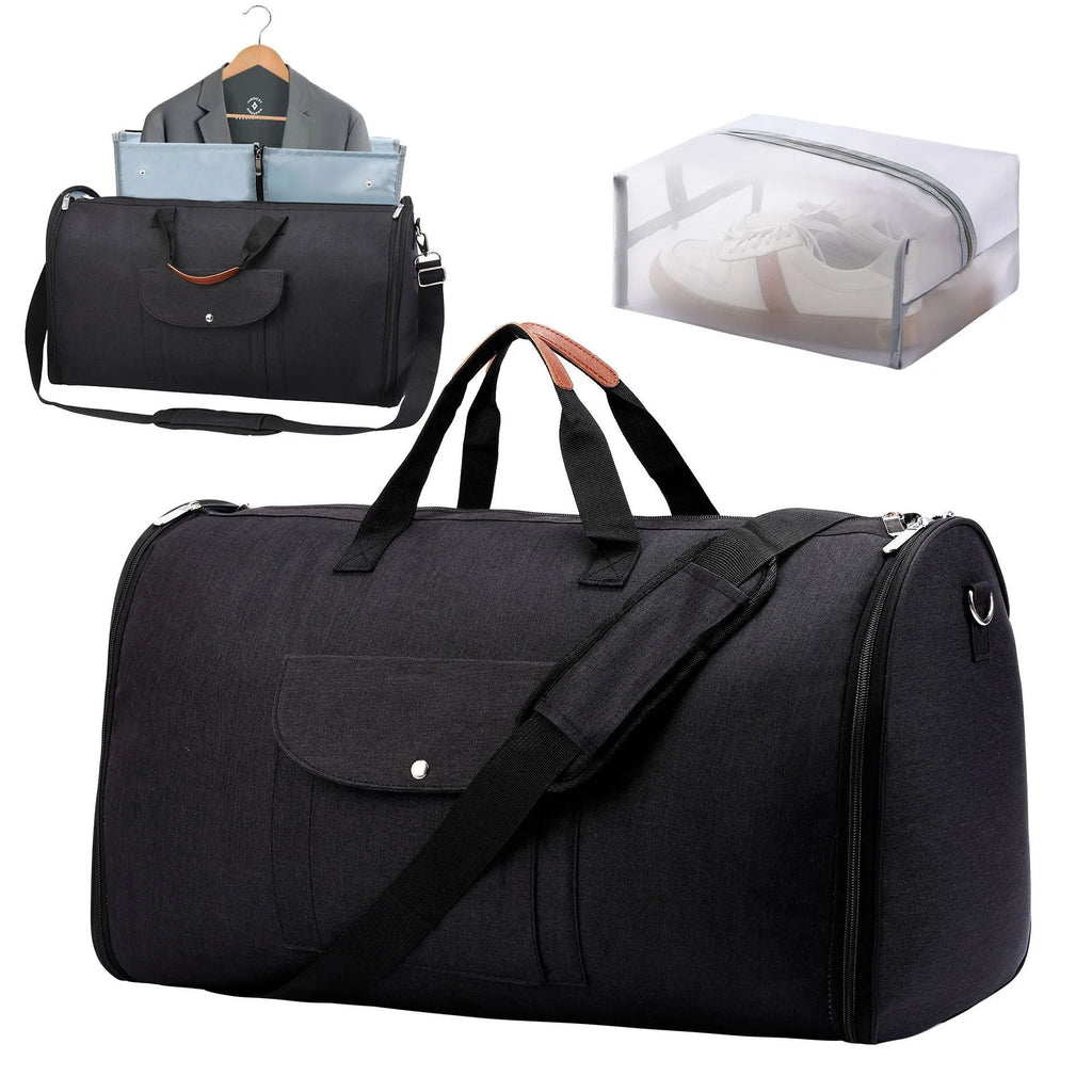 Dark blue folding Oxford cloth duffle bag with handles, shown in a travel setting.
