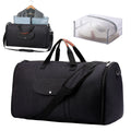 Dark blue folding Oxford cloth duffle bag with handles, shown in a travel setting.