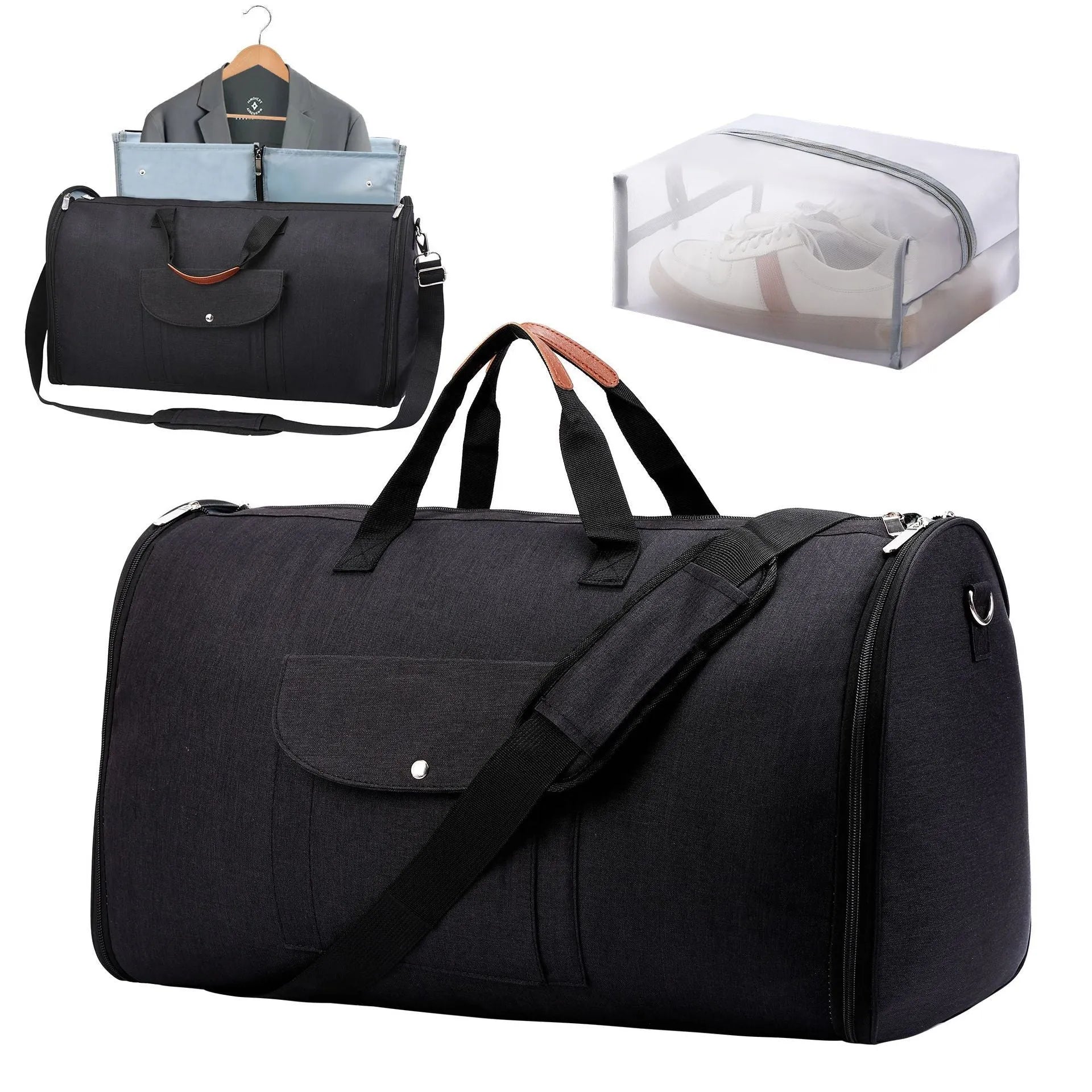 Dark blue folding Oxford cloth duffle bag with handles, shown in a travel setting.