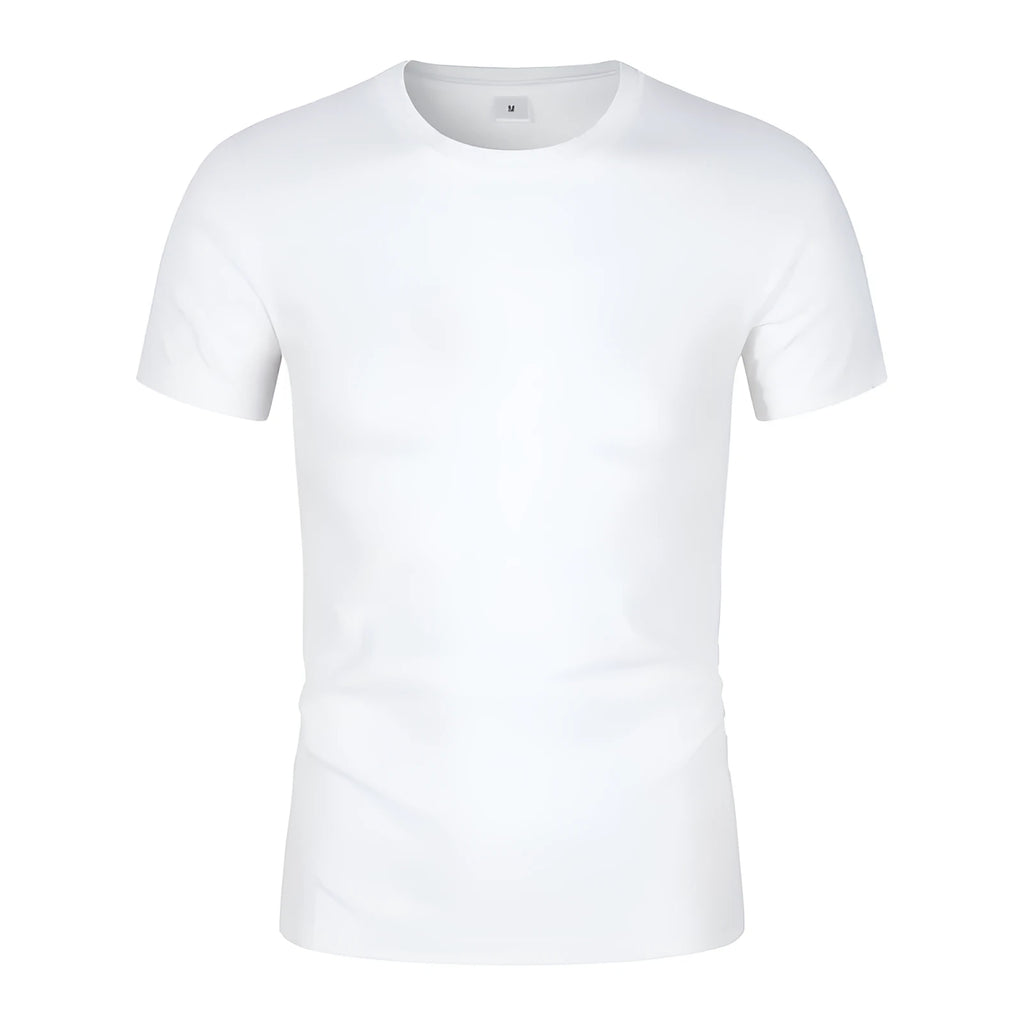 Men's solid colour CVC cotton short sleeve T-shirt on a hanger, shown in white and black.