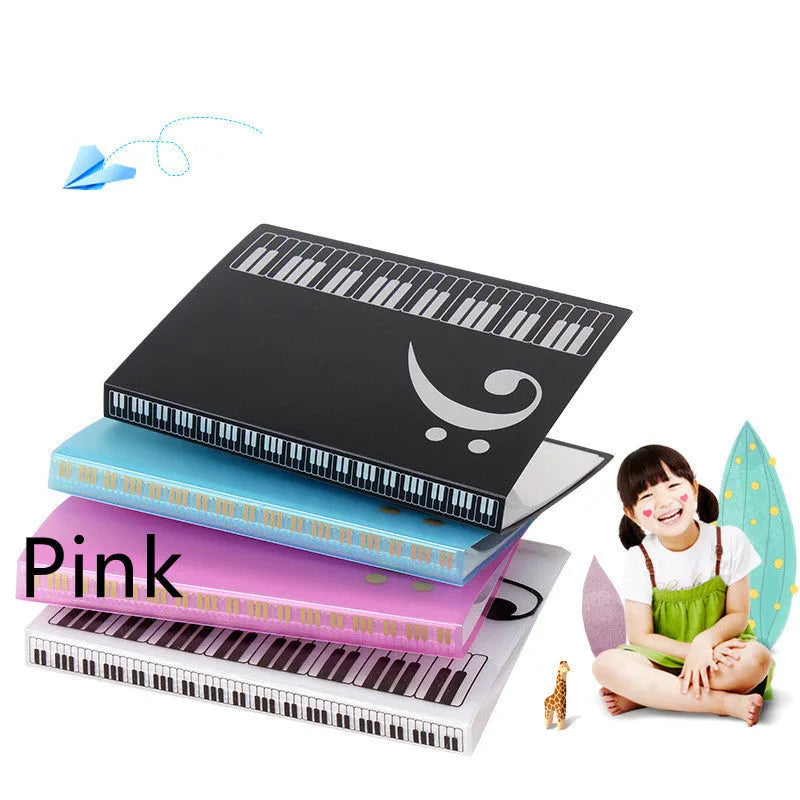 Piano music folder with transparent plastic inserts for sheet music viewing and organisation