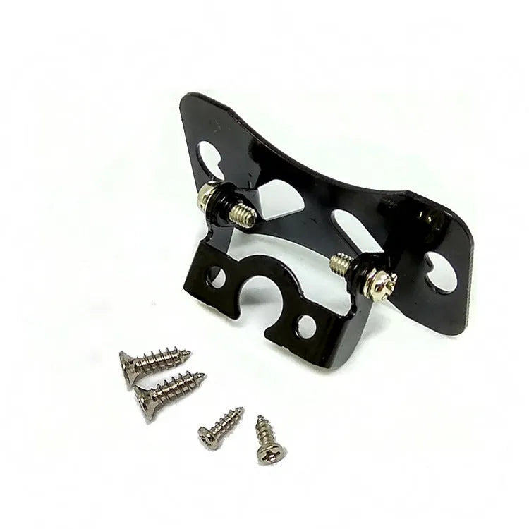 Black metal universal in-car camera holder with adjustable angle on a car windscreen.