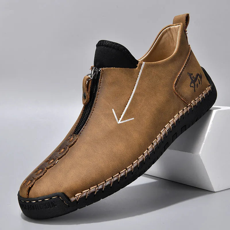 Men's black zip-up casual Martin boots with round toe and hand-stitched rubber sole
