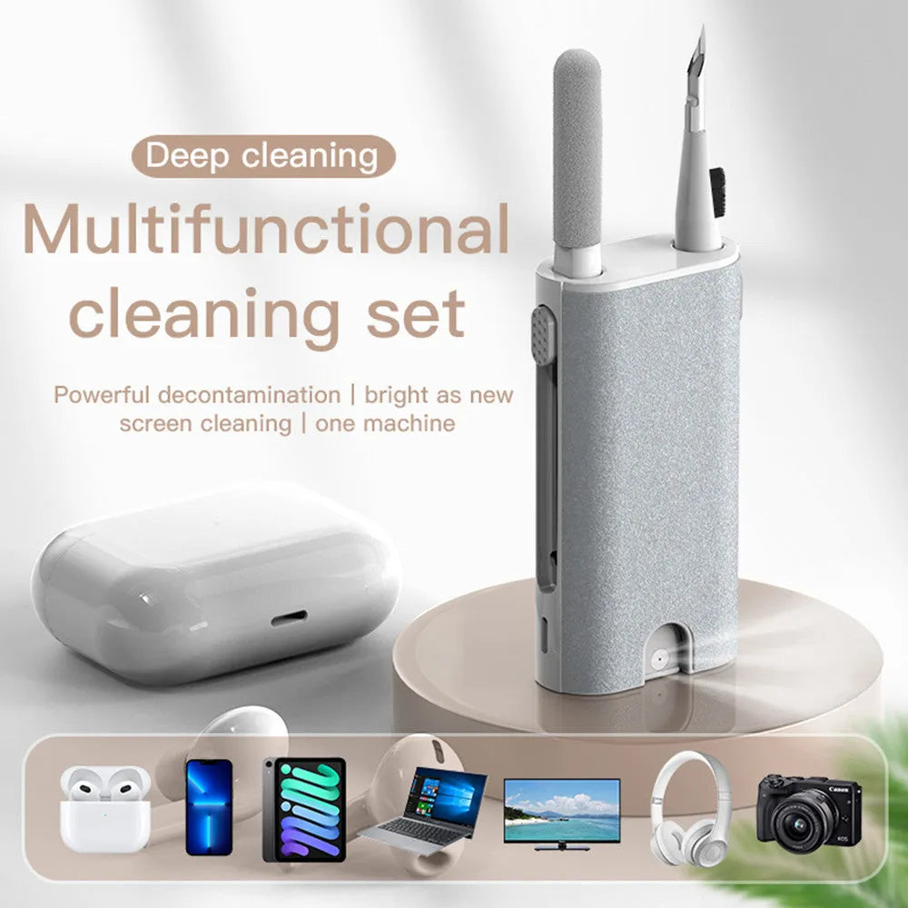 5-in-1 digital cleaning kit with black body, showing flocking sponge, brush, and metal tip for phones and earphones.
