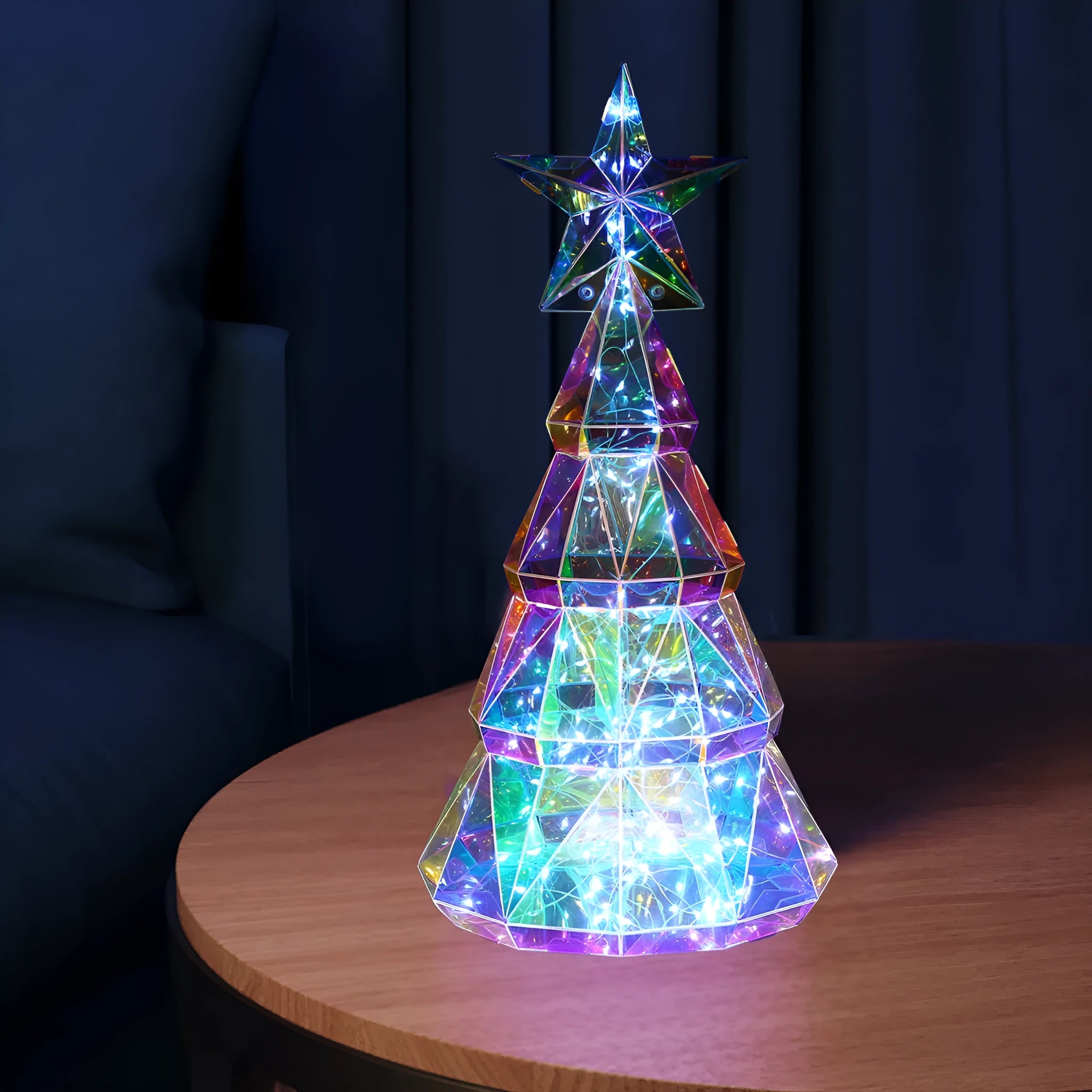 Colourful cartoon-style Christmas tree LED decoration with glowing yellow lights