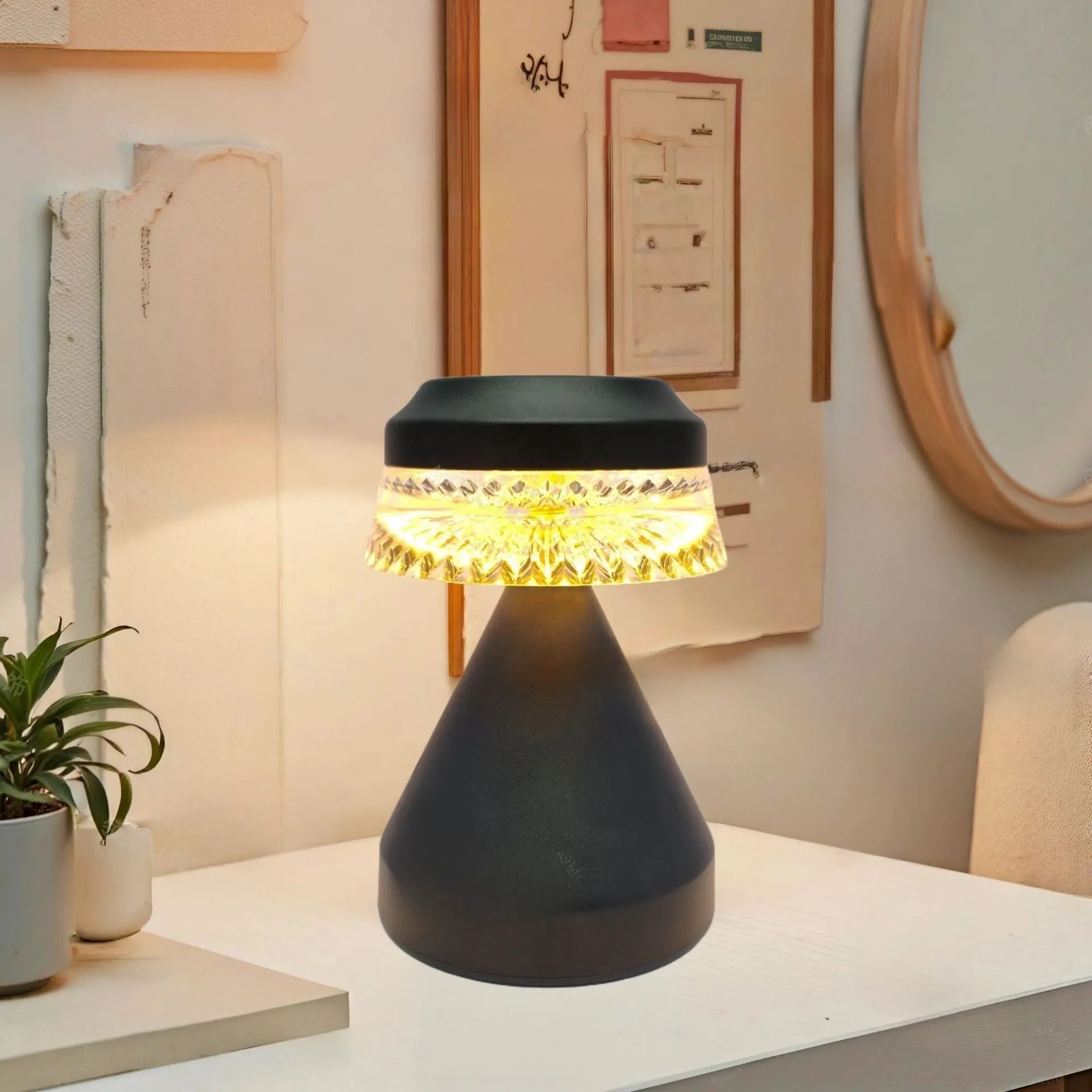 Compact black bedside lamp with USB charging cable and electrodeless dimming control
