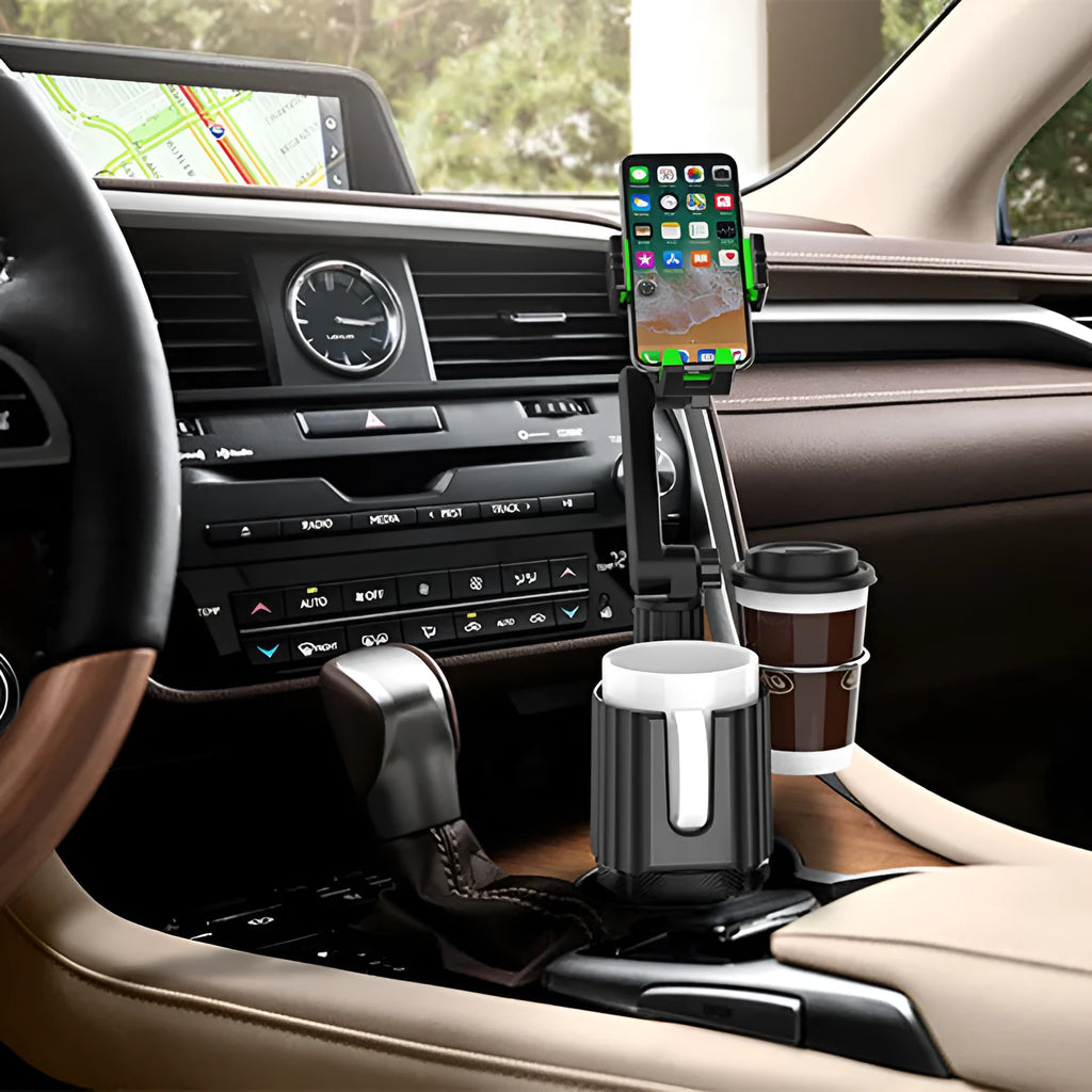 Green car drink rack holding mobile phone and cup with kettle support