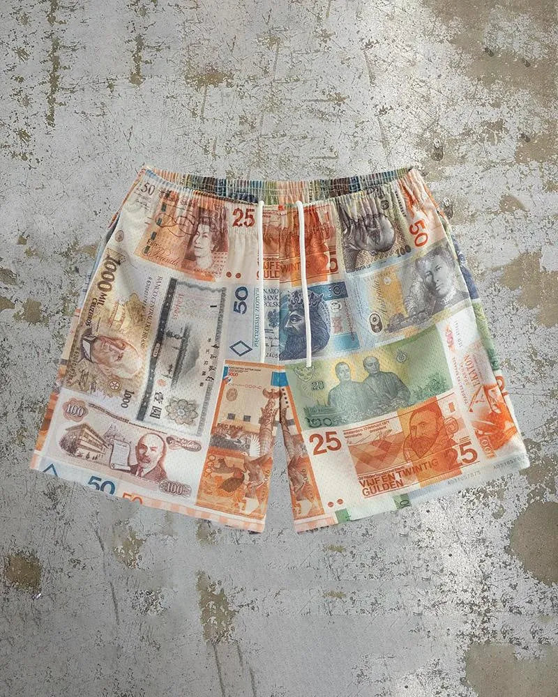 Mens loose fit quick-drying beach shorts with digital print design and elastic waistband in a light colour.