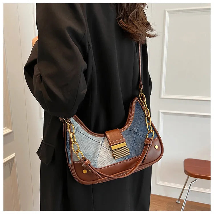 Brown denim women's shoulder bag with diamond mesh chain design and bucket shape