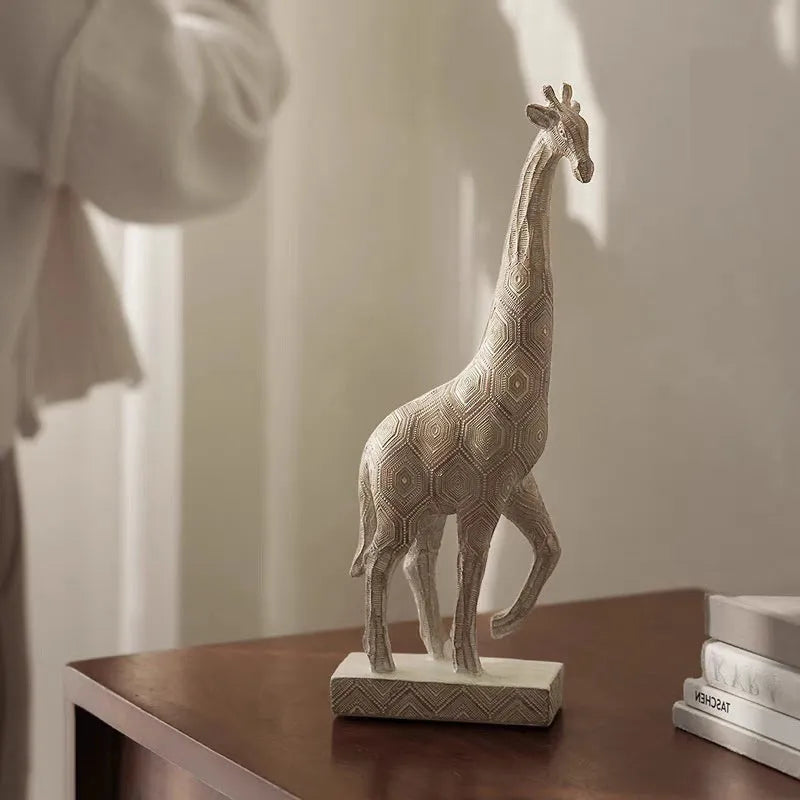Wood colour giraffe resin sculpture 30.5cm tall on shelf display