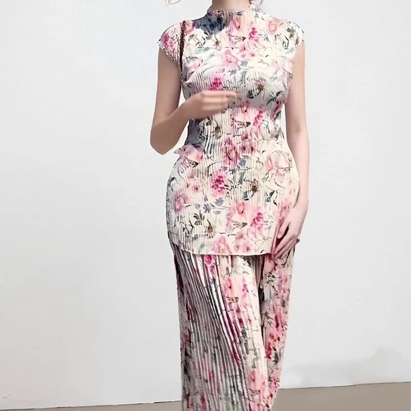 Women's printed chiffon two-piece dress set with long sleeves and high waist skirt in picture colour