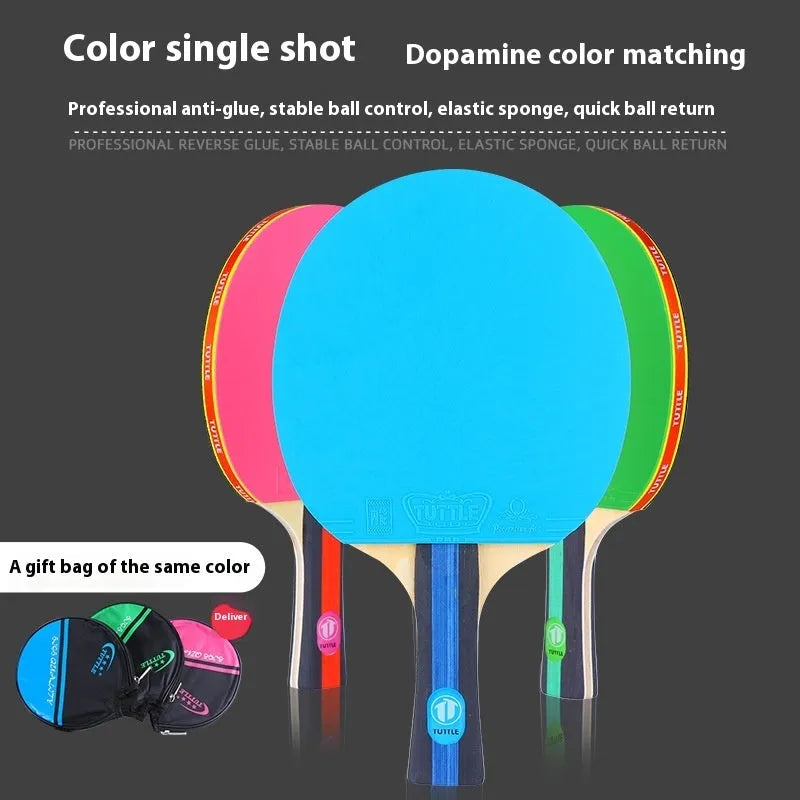 Pure wood table tennis racket with long blue shakehand grip handle and matching blue racket cover.
