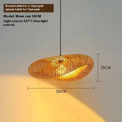 Natural bamboo straw hat-shaped pendant lamp shade hanging from a ceiling, showing its woven texture.