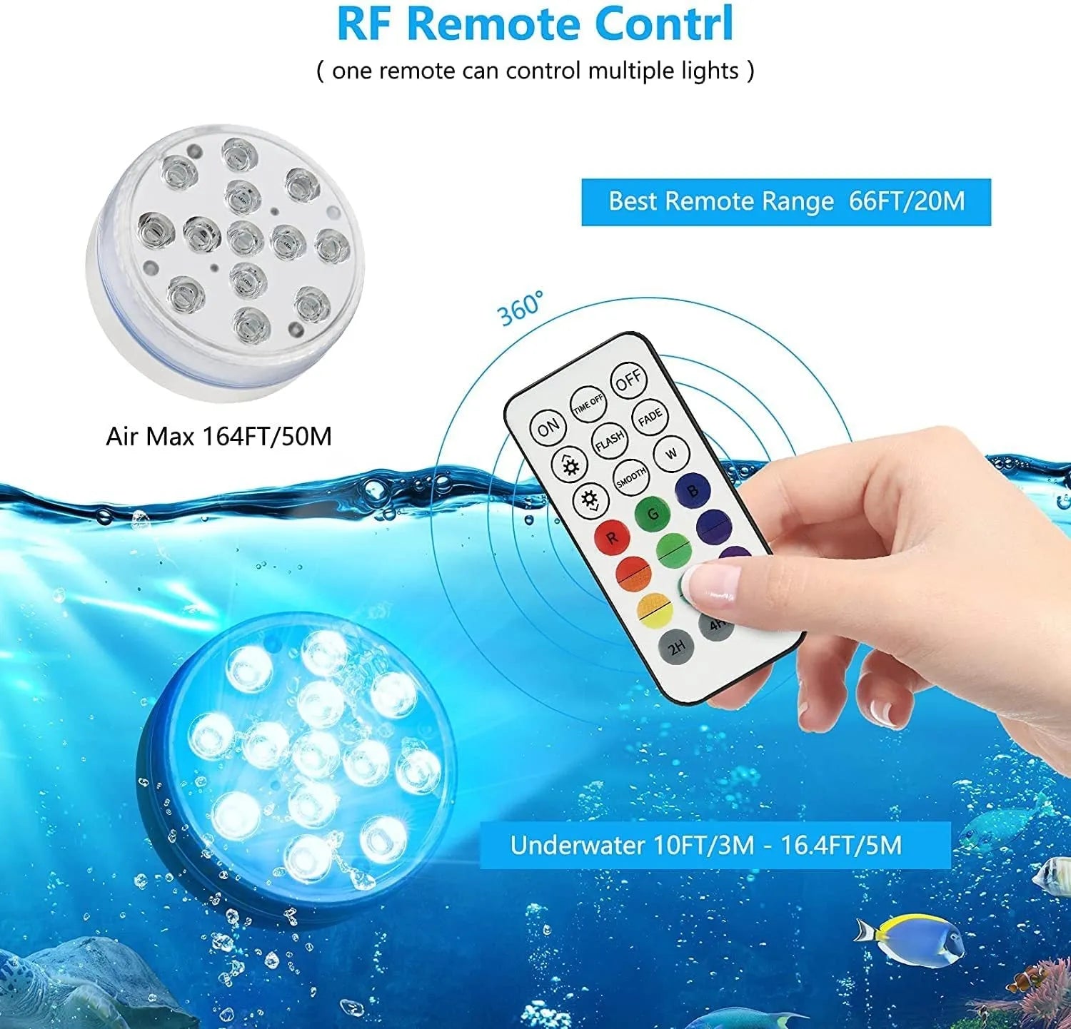 Waterproof remote control colour changing diving light with ABS case for pool and garden use.