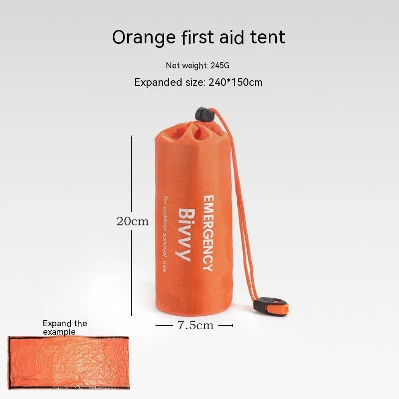 Orange and green portable disaster relief tent with sleeping bag and emergency blanket set.