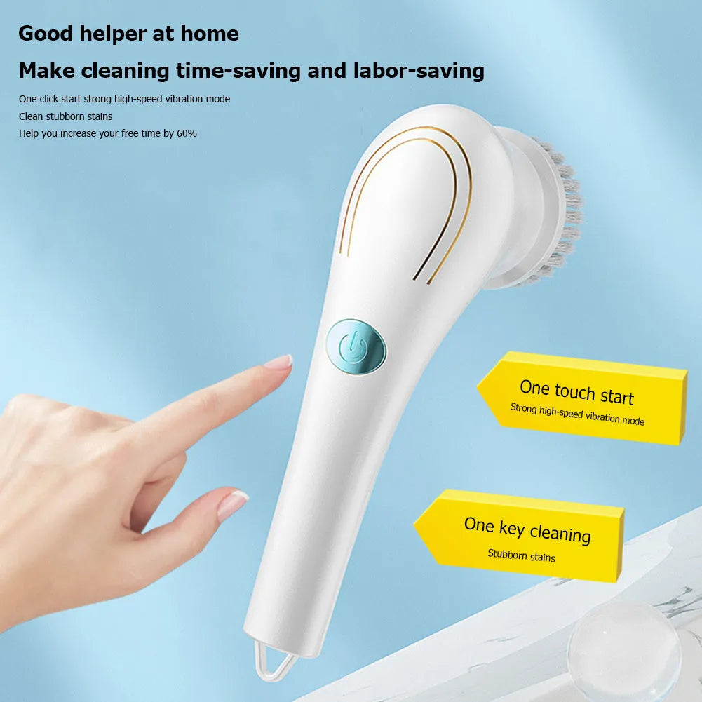White cordless electric handheld scrubber with five cleaning brush heads on USB charging cable