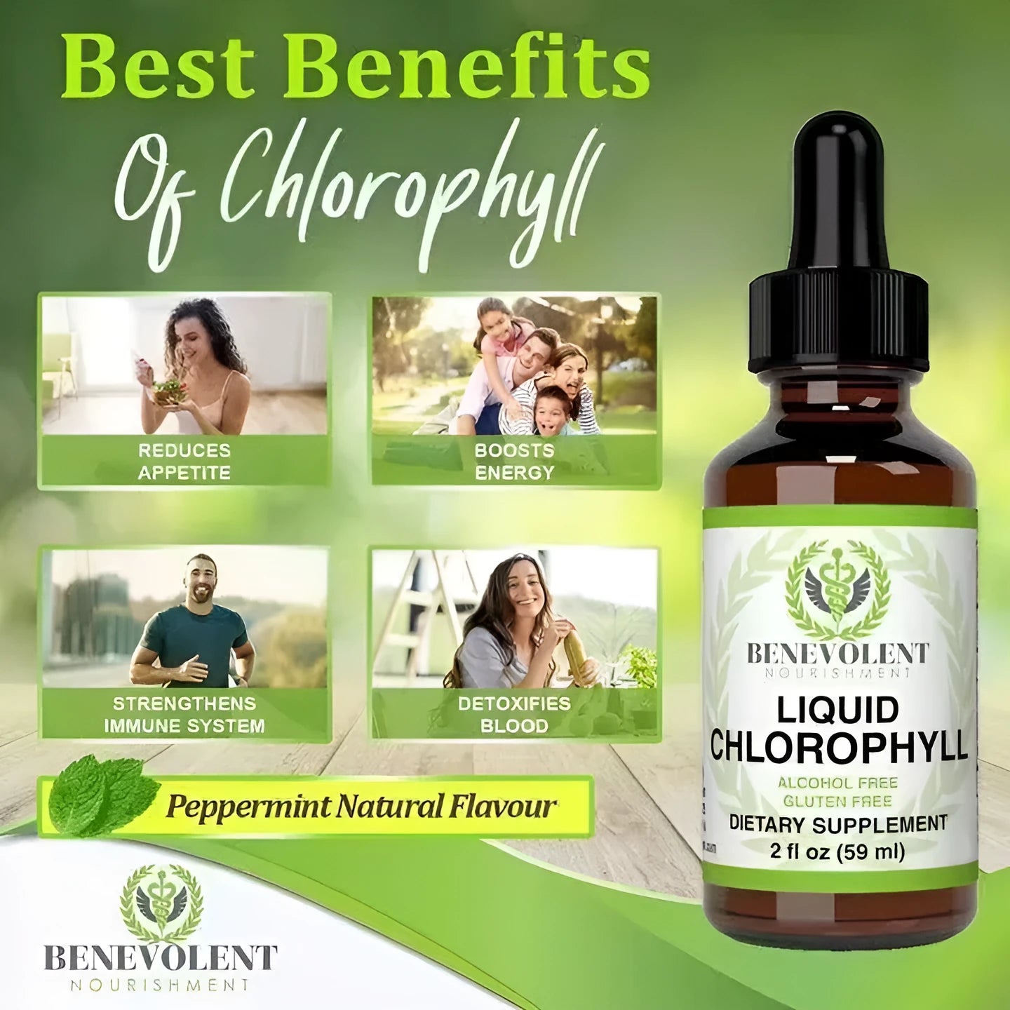 60ml bottle of liquid chlorophyll drops dietary supplement for adults.