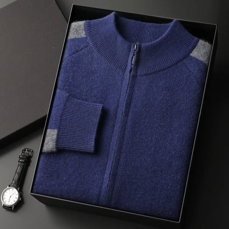 Men's navy blue cashmere wool blend half turtleneck zip cardigan and trousers suit set