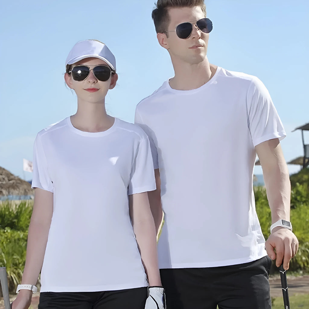 Men's loose fit solid colour cotton T-shirt on a hanger, shown in black and white.