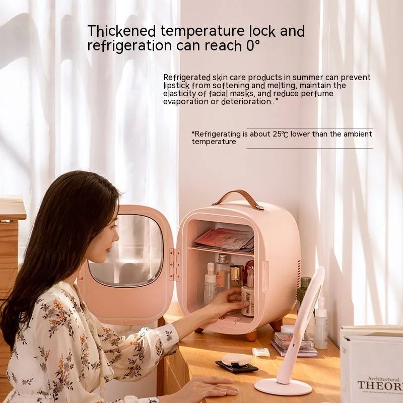 Small 8L mini beauty refrigerator in white with cooling and heating functions, EU plug, desktop size 360x275x290mm