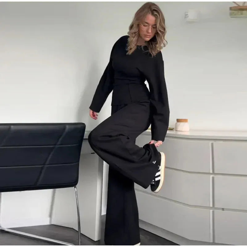 Women's polar fleece suit set with O-neck top and wide leg trousers in multiple colour options
