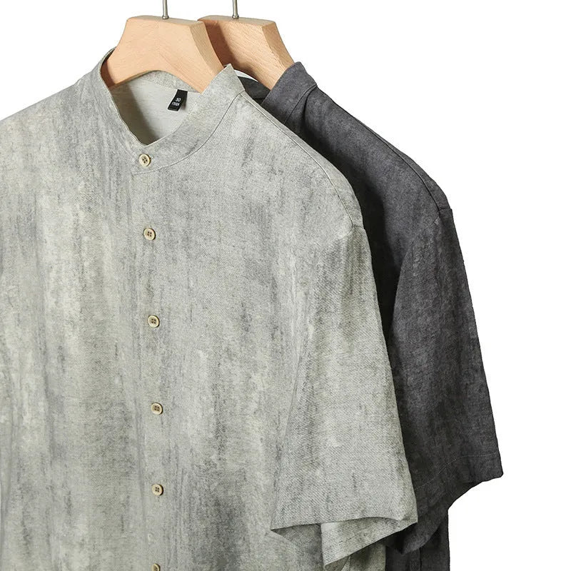 Men's loose-fit linen-look cardigan-style shirt in a viscose blend, shown in black and grey.