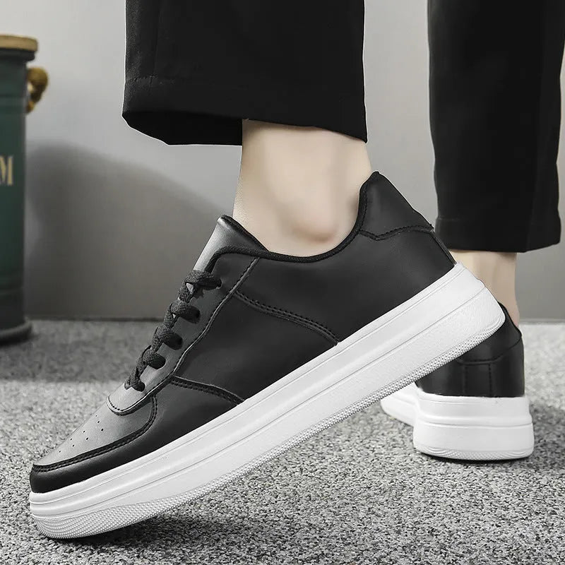 Men's plus size platform board shoes with leather upper, low top, flat heel, available in black