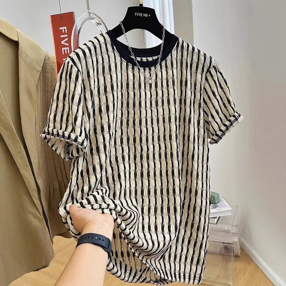 Black striped men's casual short sleeve top in silk and linen blend fabric