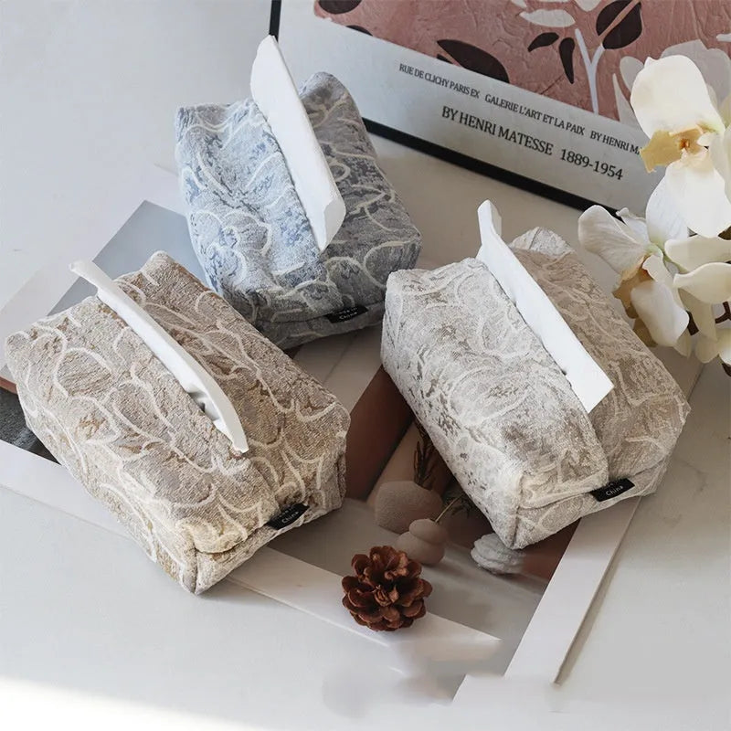 Chinese style decorative tissue box made from floral print cotton fabric, dimensions 17x11x7cm.