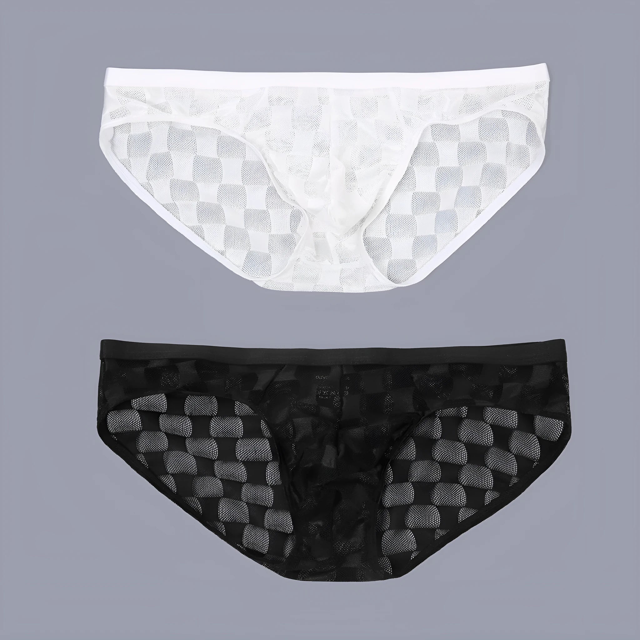 Men's black and white plaid mesh briefs with a U-convex design, shown flat and on a model.