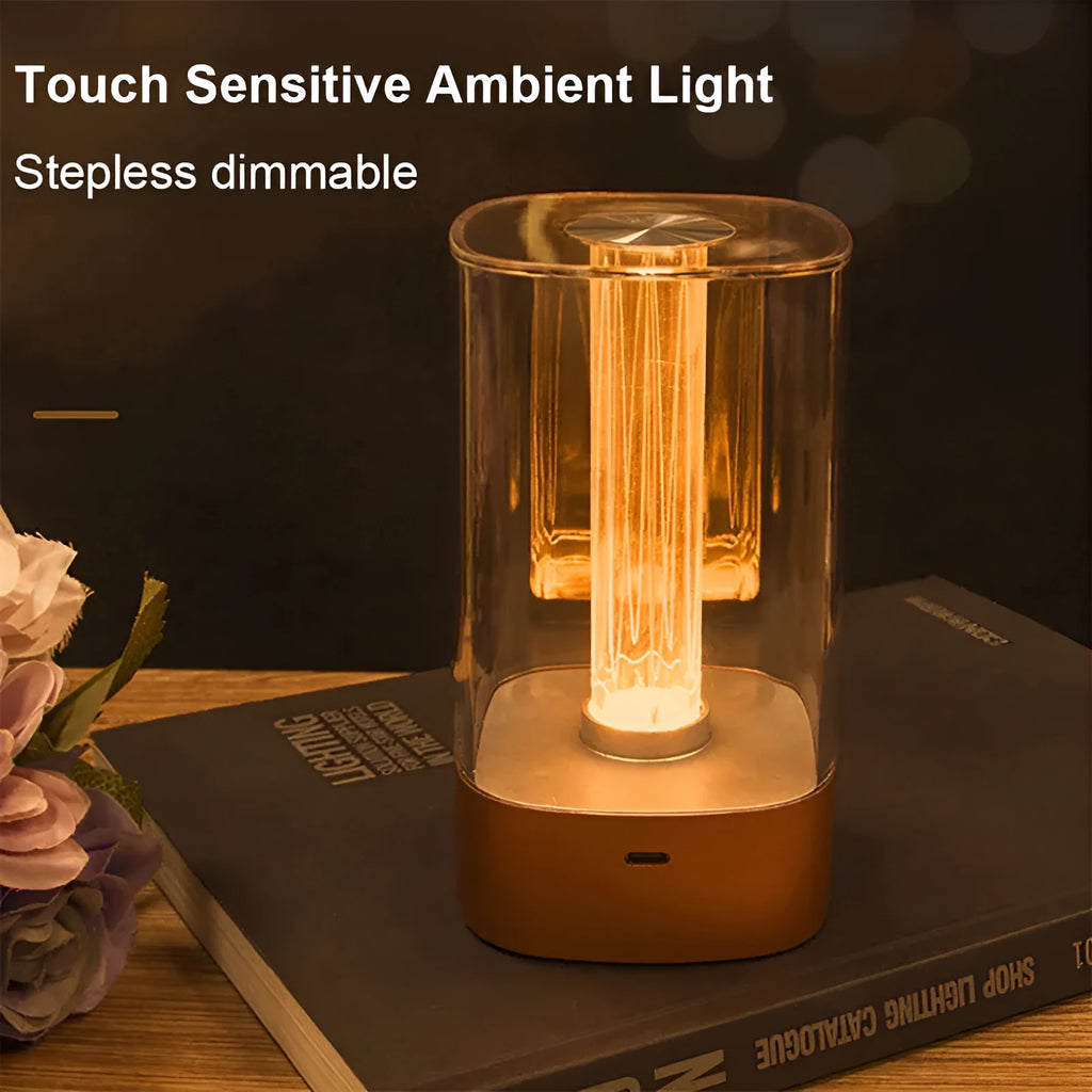 LED touch atmosphere lamp in rose gold with abstract pattern, measuring 88 x 155 mm