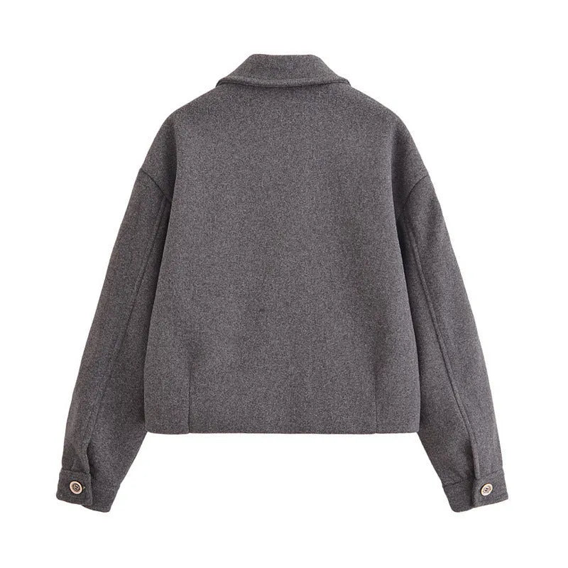 Women's grey PU short jacket with shirt collar and front zipper, regular fit with long sleeves