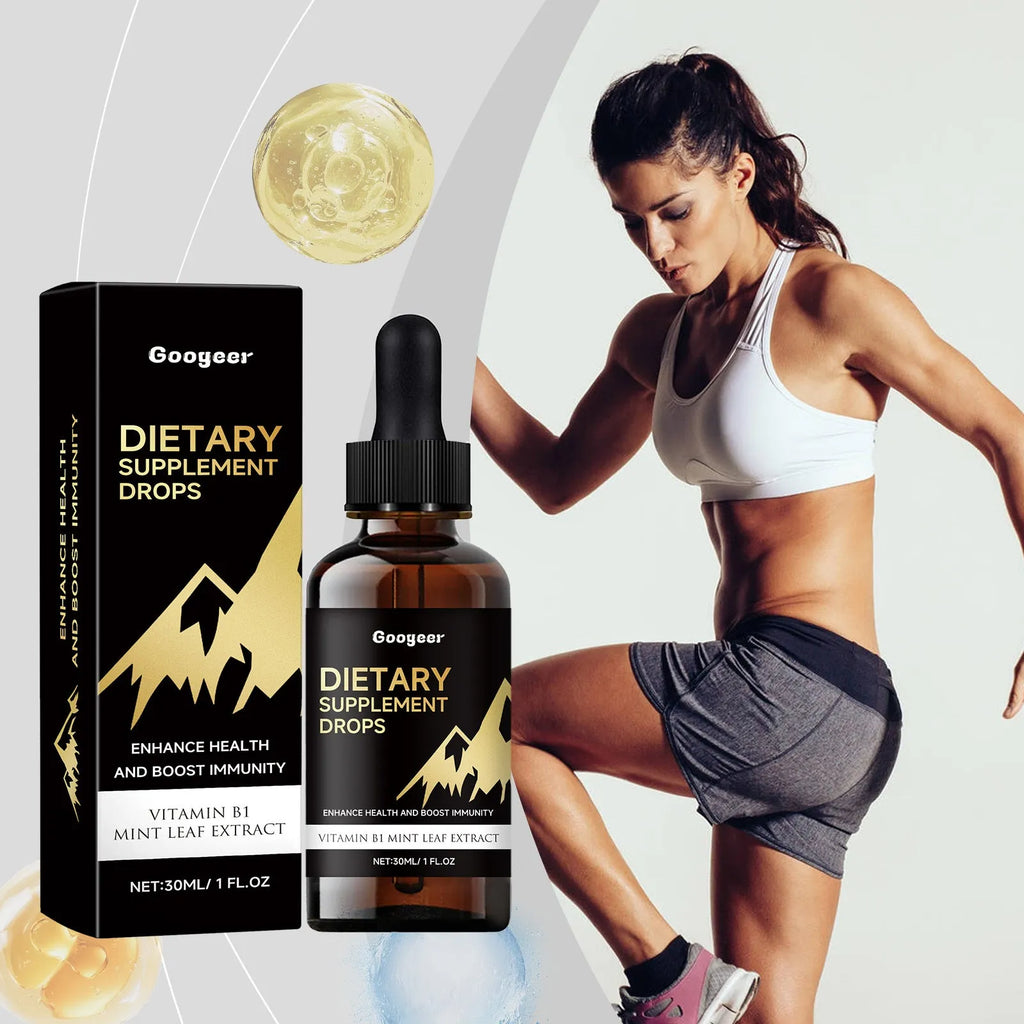 30 ml glass bottle of vitamin C and E dietary supplement drops with a dropper top.
