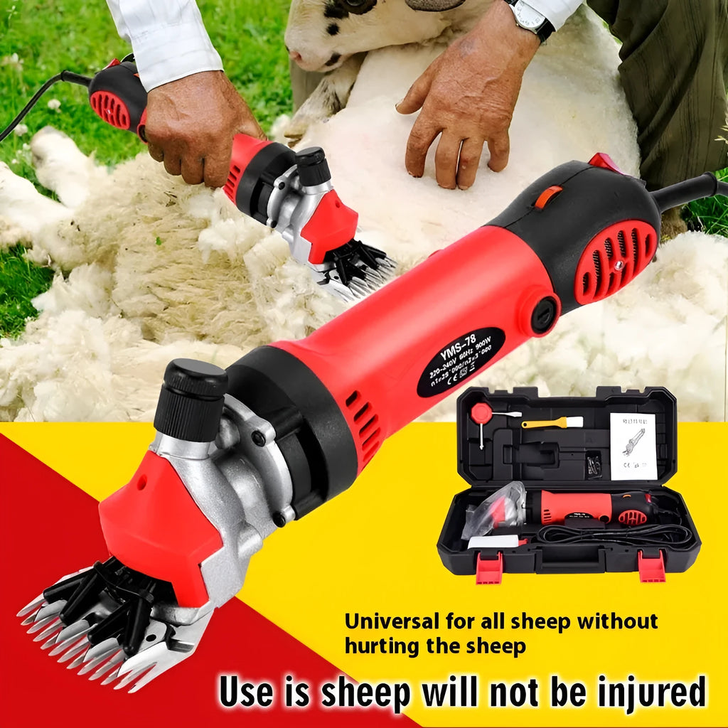 Yellow electric wool shearing unit with 13-tooth straight knife and full accessory kit including multiple blades and maintenance tools