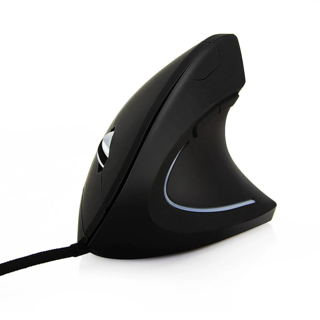 Wired black optical mouse with ergonomic handheld shape, six buttons, four-way scroll wheel, and USB cable on a desk