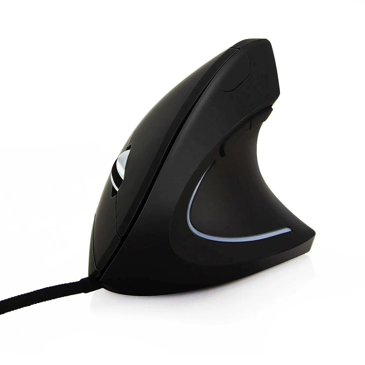 Wired black optical mouse with ergonomic handheld shape, six buttons, four-way scroll wheel, and USB cable on a desk
