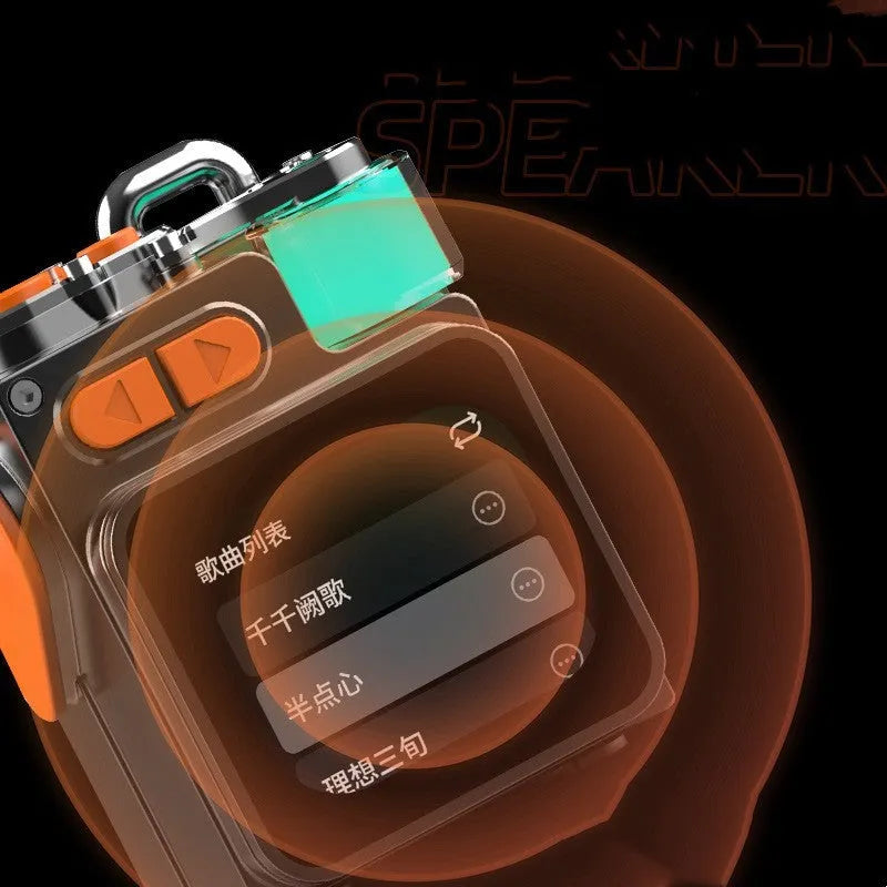 Dark grey portable Bluetooth speaker with a touch screen on a compact ABS plastic housing.