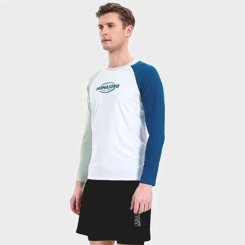 Men's white long-sleeved swim top and pants set for swimming and surfing.