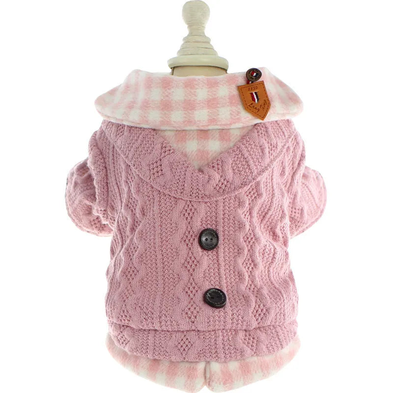 Blue plaid wool dog sweater with fleece lining on small breed dog