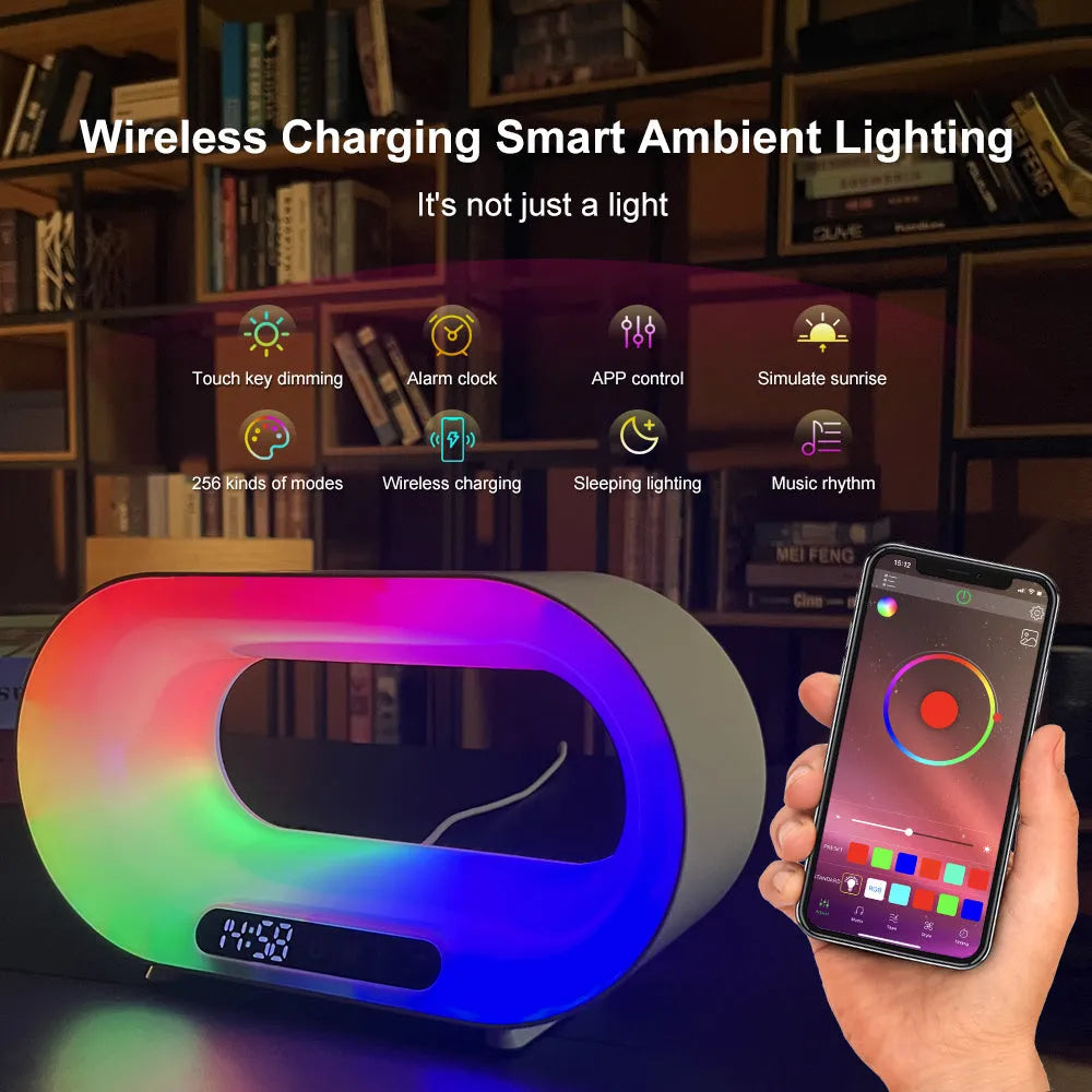 White smart LED desk lamp with wireless charging pad and alarm clock display in 3-in-1 design