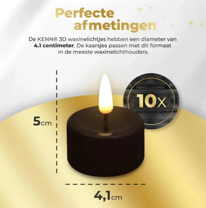 Four black S10 LED tealight candles showing flickering warm white light