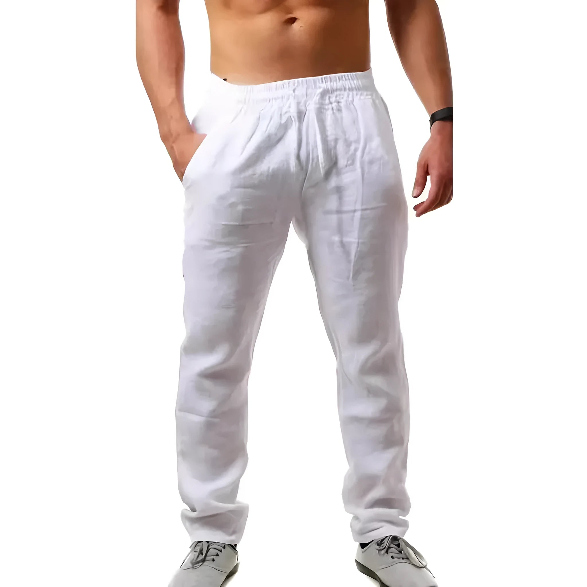 Men's loose-fitting cotton beach pants in khaki colour on a casual background.