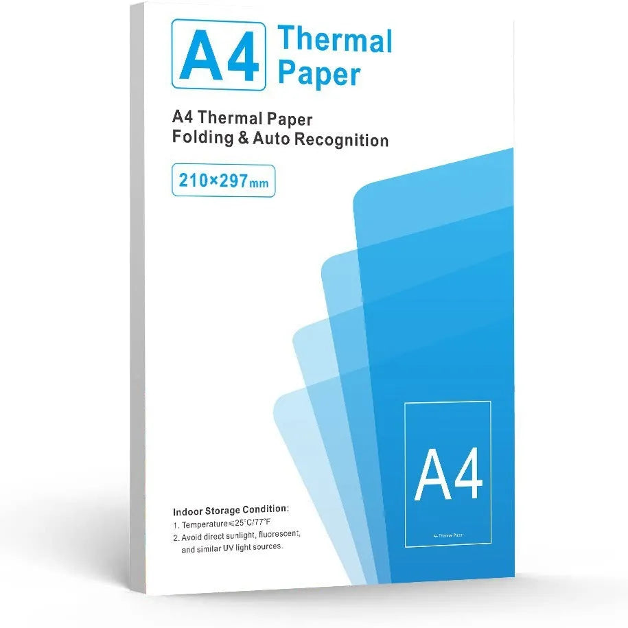 Pack of white A4 quick-drying thermal paper sheets for portable thermal printers, showing packaging options.