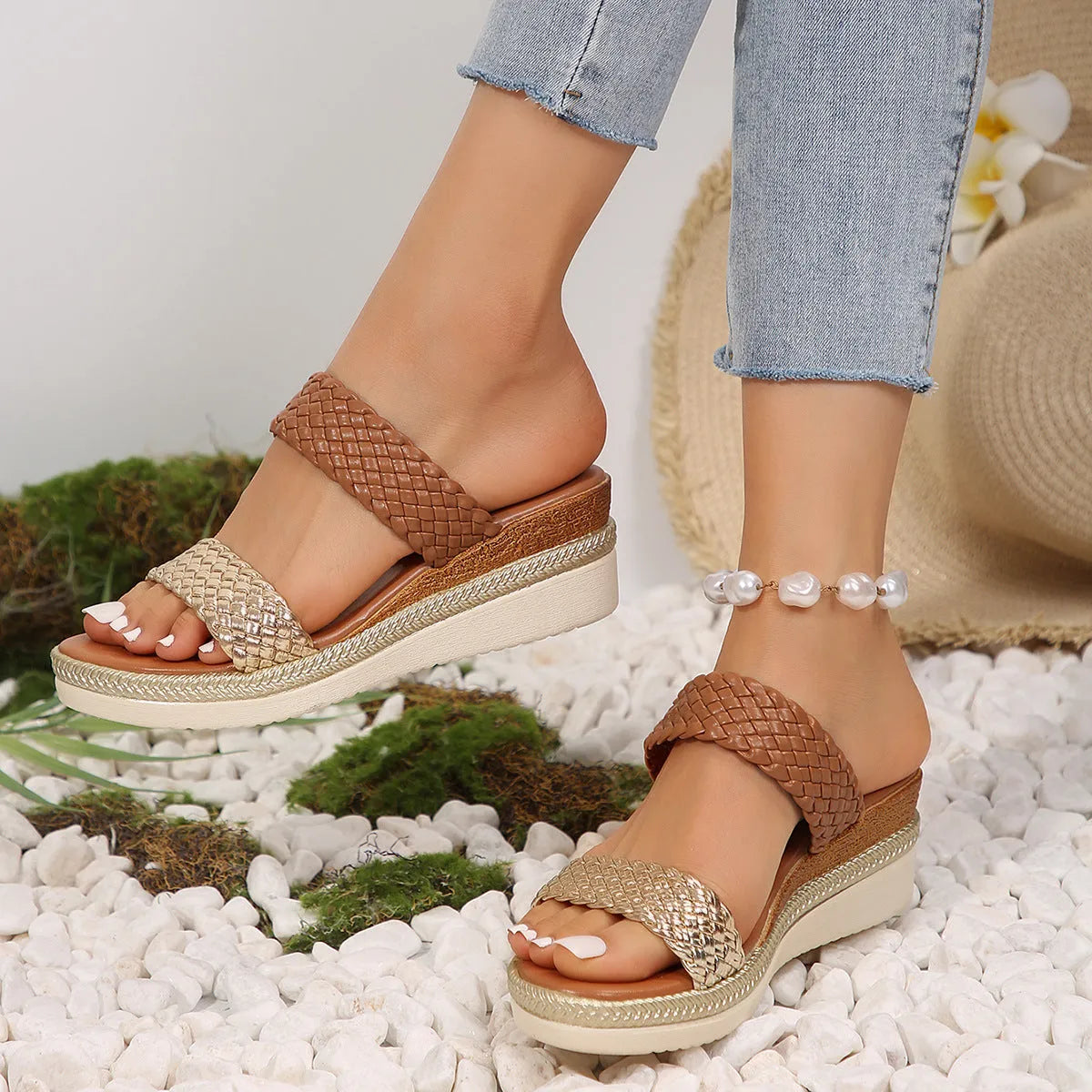 Gold wedge sandals for women with an adjustable ankle strap and a rubber sole.
