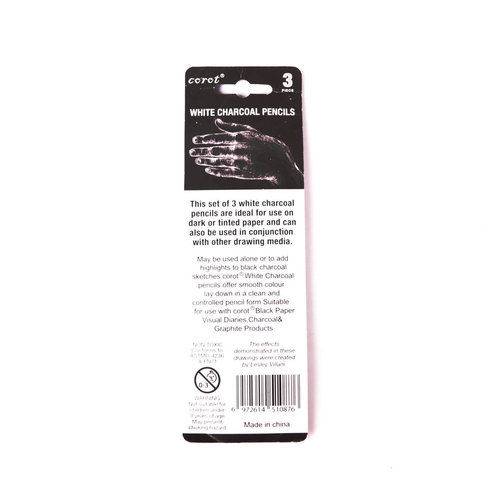 Three white charcoal sketching pencils with wooden casings and a visible refillable brush tip.